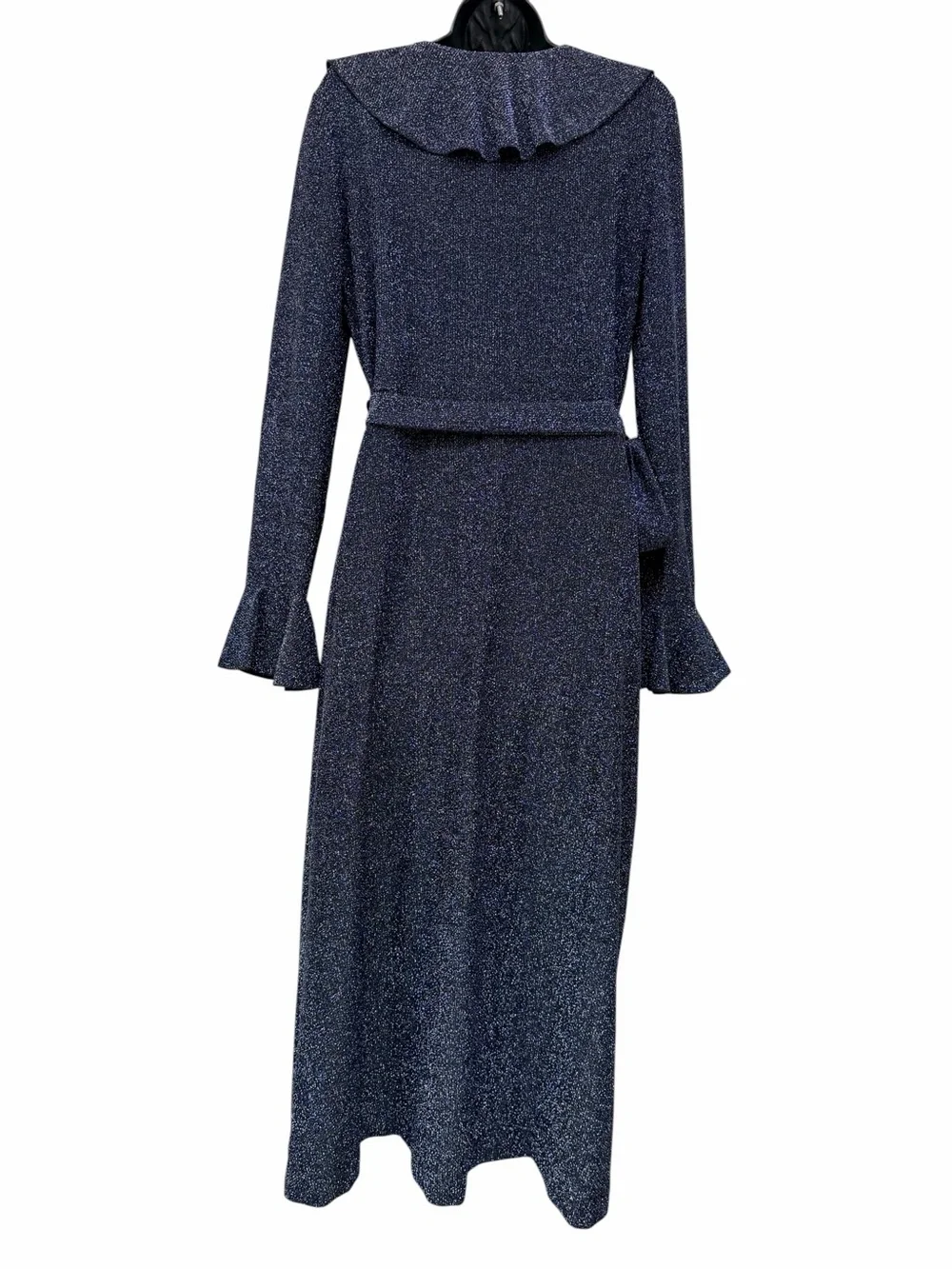 Free People Metallic Wrap Maxi Dress Navy Blue Ruffle Bell Sleeve Large - Picture 10 of 14